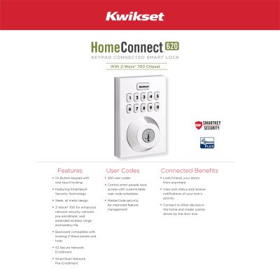 Kwikset Home Connect 620 Smart Lock, Z-Wave 700 Long Range, Contemporary with Deadbolt, Polished Chrome